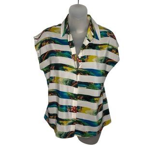 Equipment Femme Tropical Stripe Silk Blouse Button Down Top Short Sleeve Shirt X